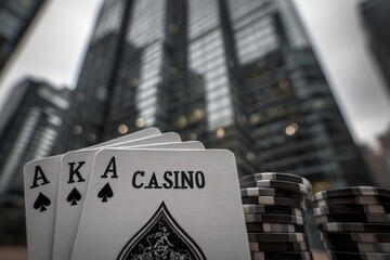 Three aces and a king are fanned out next to poker chips in front of city buildings.
