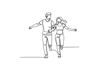 Fototapeta premium Continuous Line Art of Happy Couple Running Together
