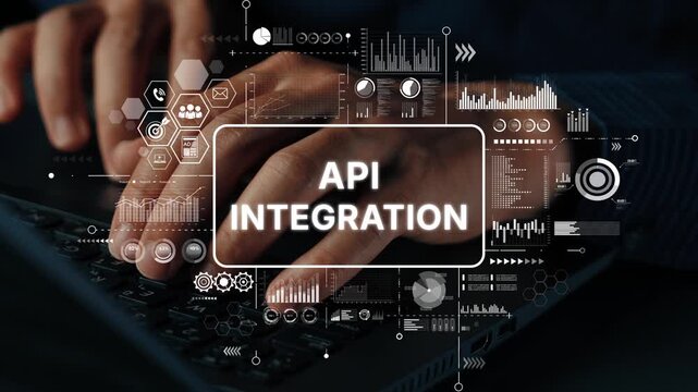 Hands Typing on Keyboard with Digital API Integration Graphics and Data Visualization Elements. Asymptotic smart data analytic.