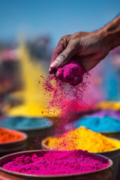 Happy girl celebrating Holi festival with colorful powder, joyful child laughing during traditional Indian celebration of colors