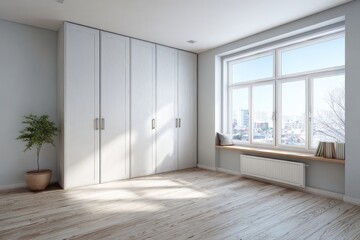 Bright modern room with large window and built-in wardrobes.