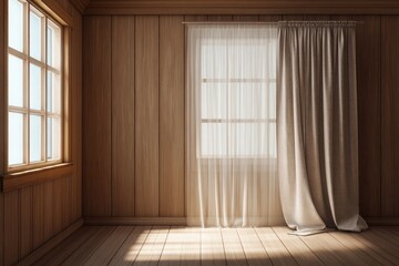 Natural light streams through a window and curtain onto a wooden floor.