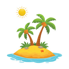 Obraz premium Small tropical island with two palm trees, sand, surrounded by blue water, representing a vacation paradise