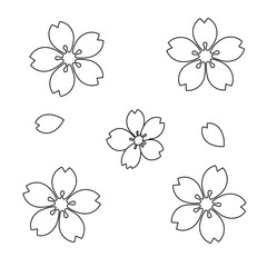 桜の花と花びらの線画セット。塗り絵/モノクロデザイン用ベクター素材。