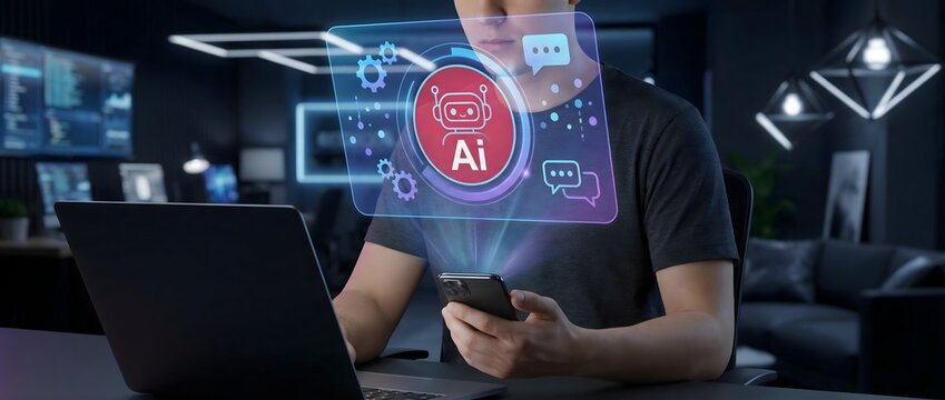 Artificial intelligence chatbot technology concept with user interacting on laptop digital AI interface machine learning communication automation
