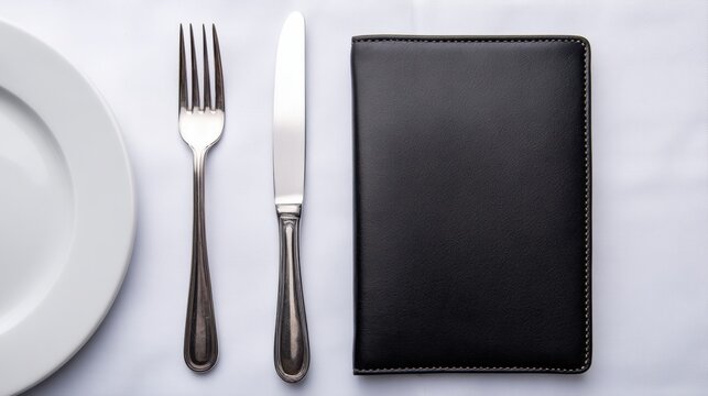 Menu Holder and Cutlery Arranged Neatly on a White Tablecloth in a Dining Setting With Ample Copy Space for Text and Design