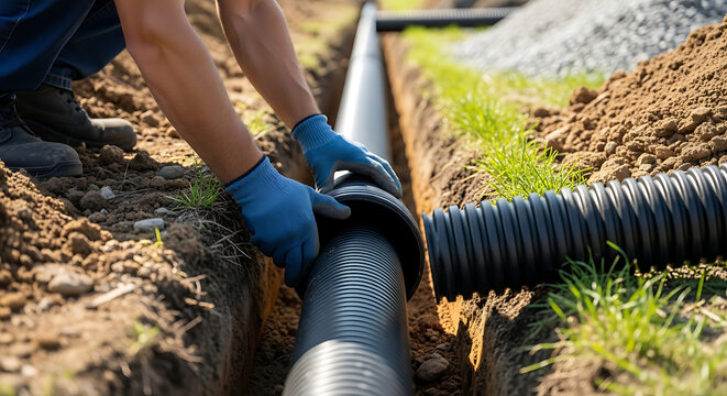Skilled worker hands installing flexible corrugated drainage pipe within deep earth trench for professional water management system and infrastructure utility construction project