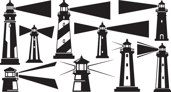 Lighthouses with beams and flags in black and white