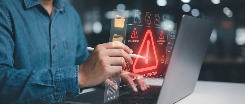 Cybersecurity threat alert concept with hacker attack warning interface on laptop digital data protection and network security monitoring

