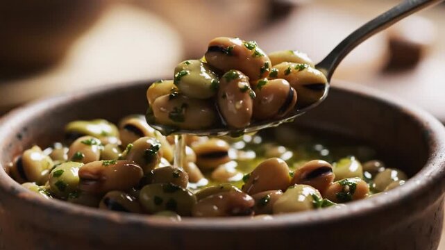 Close-up of a serving spoon scooping delicious fava beans with herbs from a clay bowl