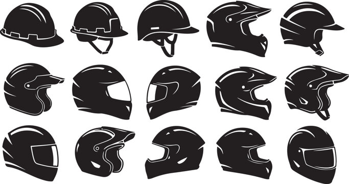 Collection of various safety helmets and head protection gear