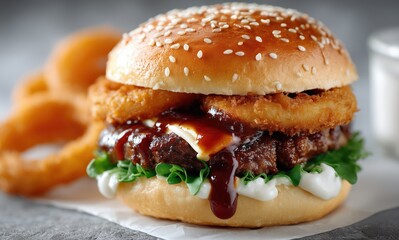 BBQ burger with smoky sauce, beef patty, onion rings, simple white surface, landscape orientation, professional food photography