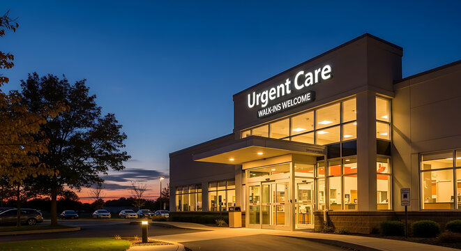 Modern medical urgent care facility exterior at dusk featuring an illuminated glowing blue sign and a welcoming glass door entrance for emergency healthcare services in the evening.