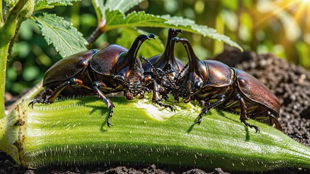 Close-up of three shiny stag beetles feasting on a fresh, vibrant green okra pod outdoors with sunlight shining