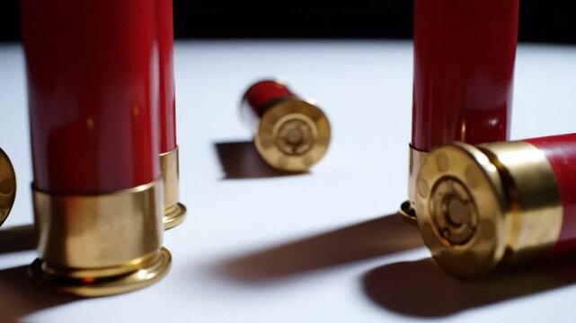 Close up shot of scattered red shotgun shells with gold bases on a white surface with shadows