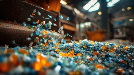 Plastic recycling process with shredded plastic flakes ready on blurred background