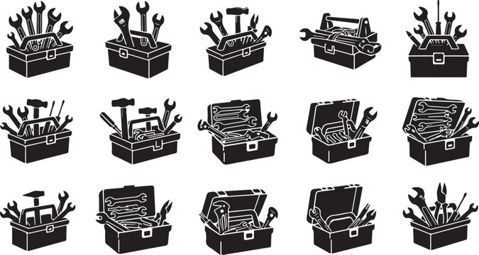 Collection of toolboxes with various tools and equipment inside