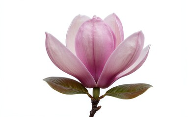 Obraz premium Pink magnolia bloom with green leaves, delicate petals against clean white background.