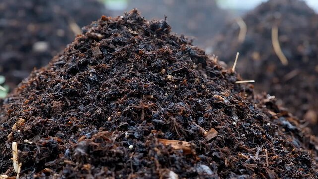 Close-up of rich dark organic compost pile with soil and plant fibers