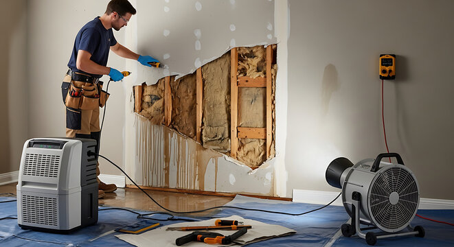 Professional restoration technician fixing moisture damaged drywall and framing during flood remediation process to prevent mold growth in a residential home renovation project.