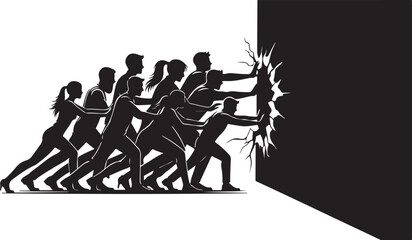 Diverse group of people pulling together breaking through barrier