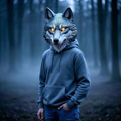 Mysterious figure wearing a realistic wolf mask and hoodie standing in a dark foggy forest, embodying therian identity and alternative youth culture aesthetic.