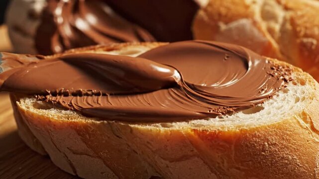 Spreading chocolate hazelnut spread on a slice of fresh bread for a sweet breakfast or snack