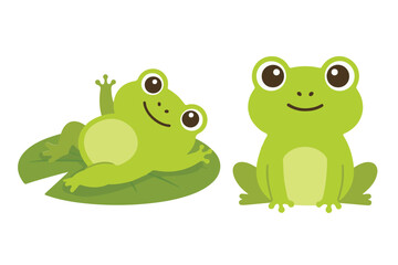Obraz premium Cute green frog character collection in flat vector style sitting on lotus leaf for kids illustration