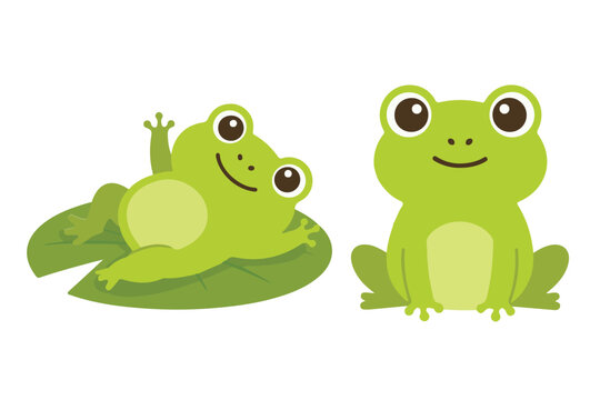 Cute green frog character collection in flat vector style sitting on lotus leaf for kids illustration