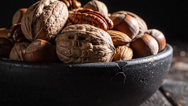 Close-up of a rustic black bowl filled with mixed assorted nuts on a wooden surface