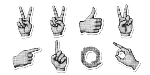 Fototapeta premium Cut out hand emoji gestures set. Various halftone hands signs vintage dotted stickers. Modern retro vector illustration for mixed media design, collage and scrapbook isolated on transparent background
