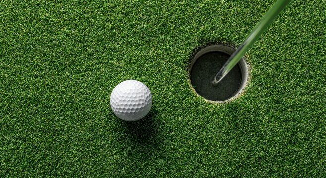 Overhead shot of a golf ball near a hole with the flagstick inside. Lush green grass surrounds the ball and hole