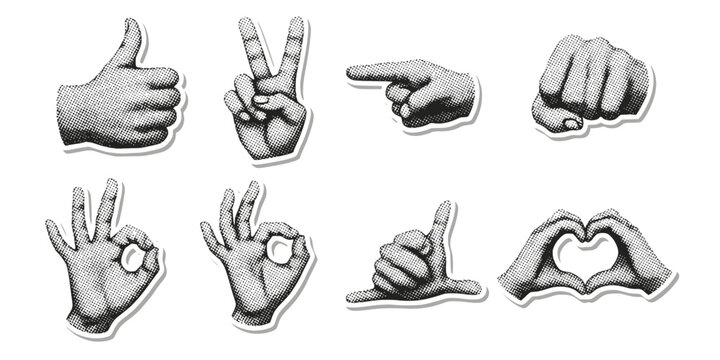Cut out hand emoji gestures set. Various halftone hands signs vintage dotted stickers. Modern retro vector illustration for mixed media design, collage and scrapbook isolated on transparent background