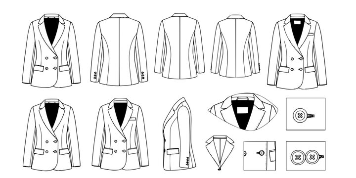 flat sketch set of women's blazer jacket technical cad drawing vector template
