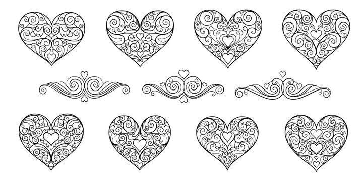 Filigree curly Calligraphic Heart, Fancy Line Flourishes Swirls hearts, curve romantic love separator, Valentines Day divider flourish Swirl, Calligraphy Flourish lettering header hearts scroll