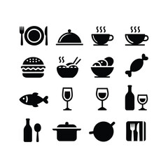 A collection of black and white icons representing various food and drink items.