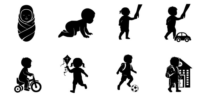 set of silhouettes of baby boy and girl grow up process. baby development, child growth stages. toddler milestones.
