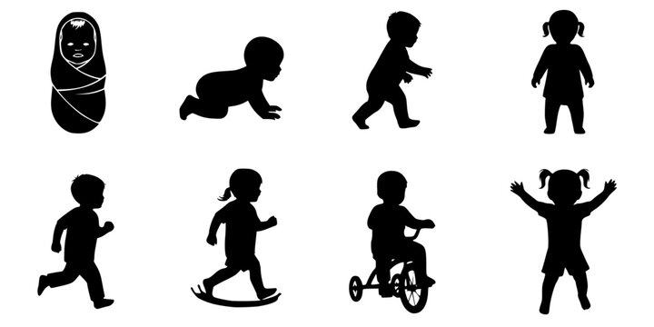 set of silhouettes of baby boy and girl grow up process. baby development, child growth stages. toddler milestones.
