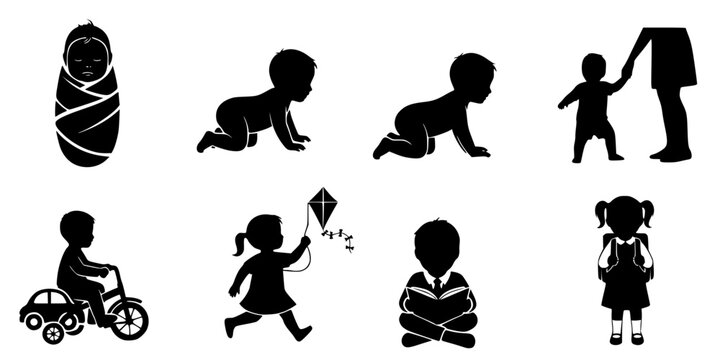 set of silhouettes of baby boy and girl grow up process. baby development, child growth stages. toddler milestones.
