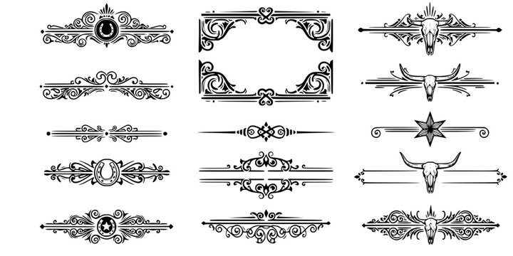 A large collection of old western design elements, embellishment, borders and divider lines.
