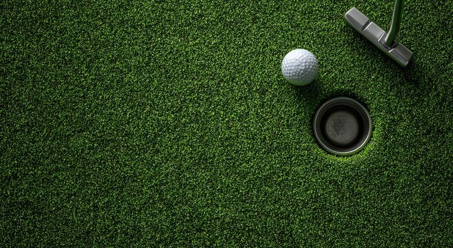 Overhead shot of a golf course featuring a ball near the hole, club, and lush green grass background. Perfect day