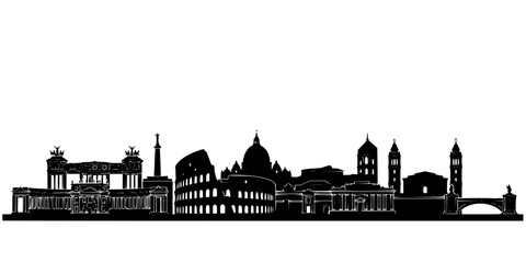 Obraz premium Rome city skyline horizontal banner. Black Rome city, Italy. Vector template for your design. Vector black silhouette. with white background 