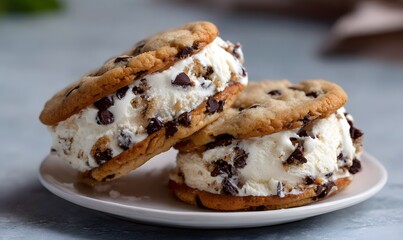 two chocolate chip cookie ice cream sandiwches