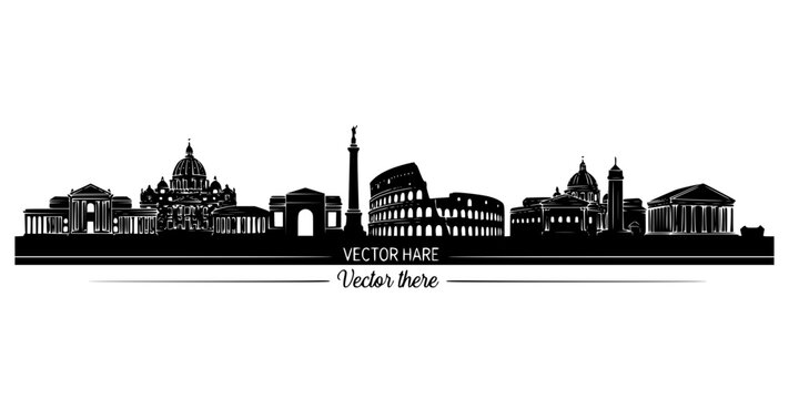 Rome city skyline horizontal banner. Black Rome city, Italy. Vector template for your design. Vector black silhouette. with white background
