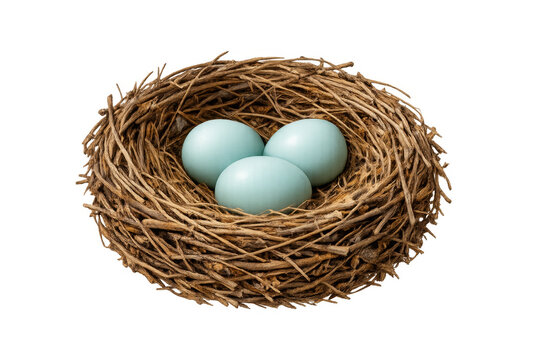 Bird nest holding three blue eggs, transparent background