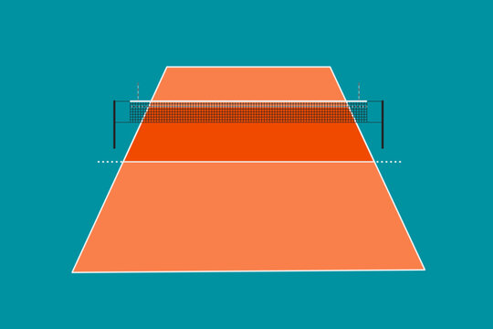 Minimalist volleyball court with net in center perspective. Flat vector illustration with modern colors, clean design, ideal for sports backgrounds, banners, posters, and graphic resources.