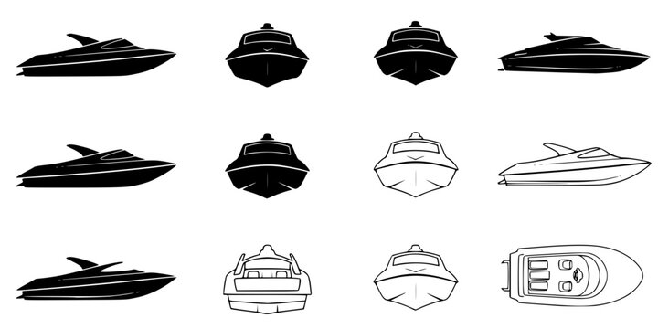jet boat silhouette icons set side, front, back, and top views vector art illustration
