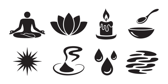 Set of modern zen icons for meditation yoga spa and wellness vector silhouette