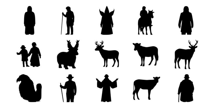 Silhouette Vector, Saint Francis of Assisi with Animals Vector Illustration &ndash; Christian Artwork of Saint in the Woods with Birds and Wildlife
