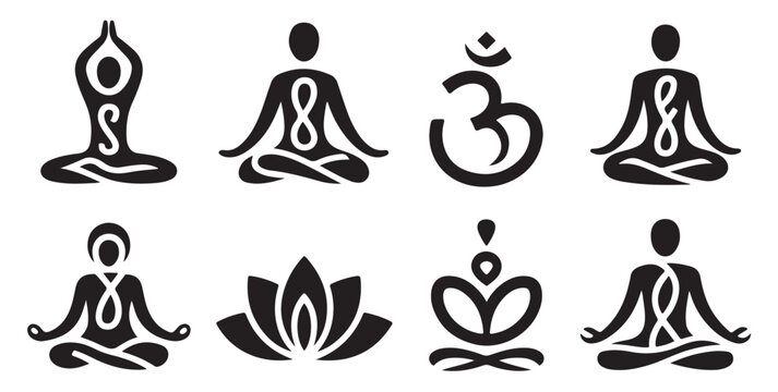 Abstract yoga pose icons with infinity symbols and om sign for spiritual wellness branding